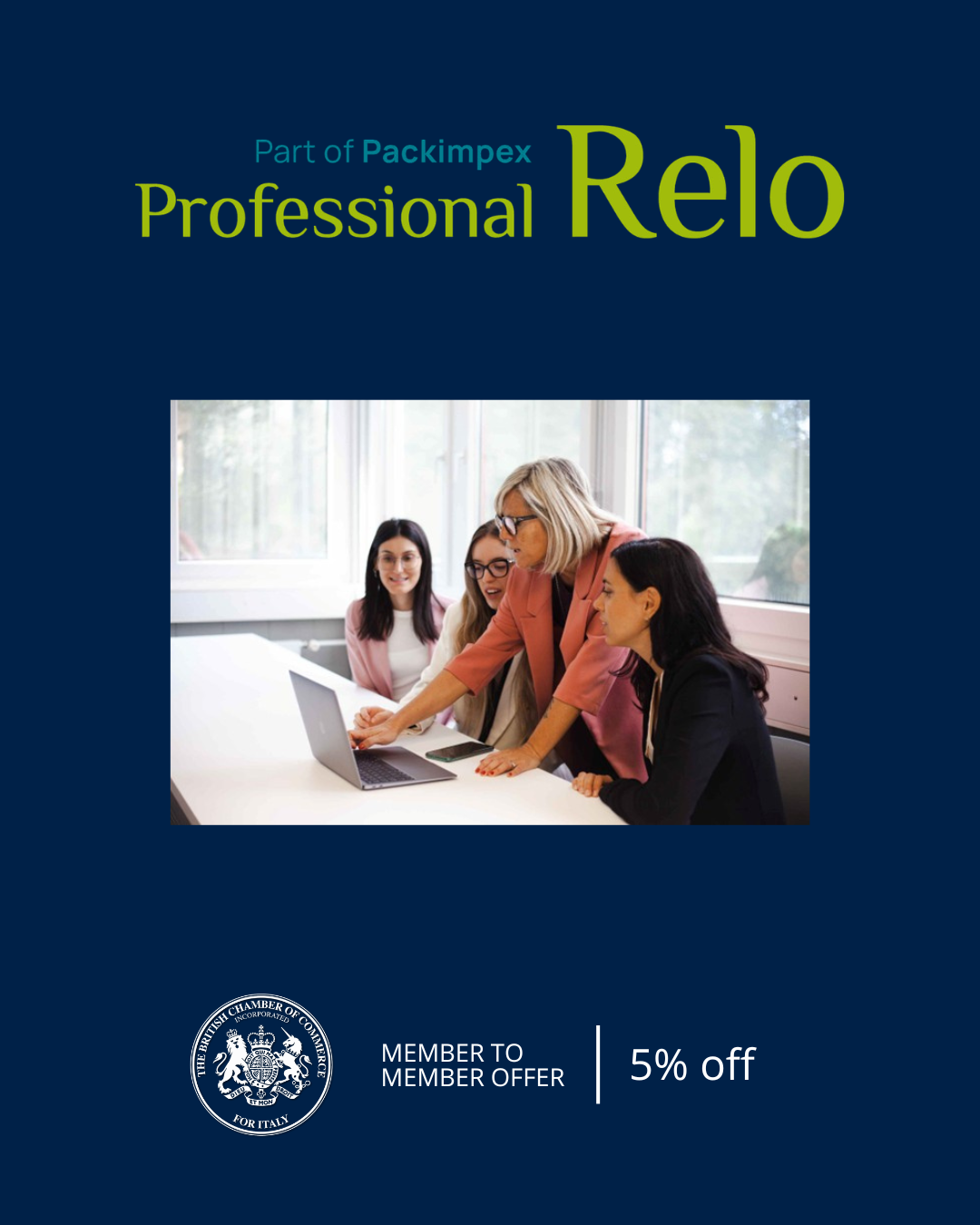 Proffesional Relo Logo on top, an image with people on a computer and the discount amount with the BCCI logo